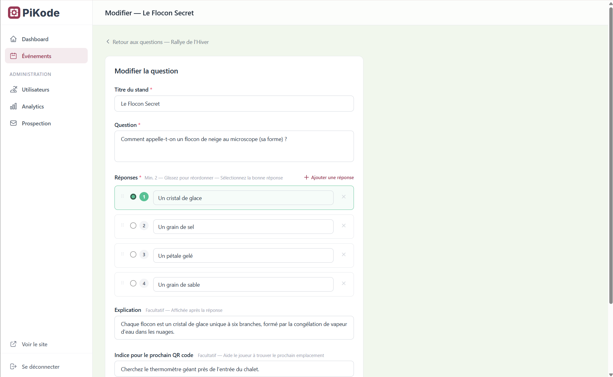 Interface d'édition d'une étape dans Pikode