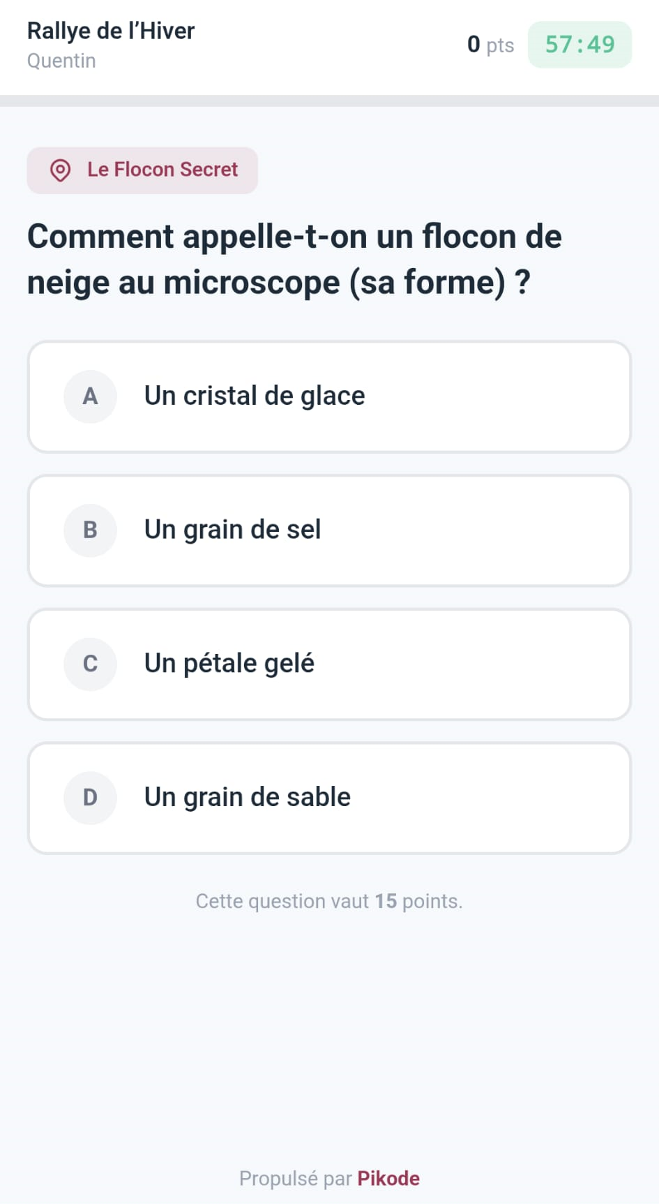 Écran d'une étape côté joueur sur téléphone