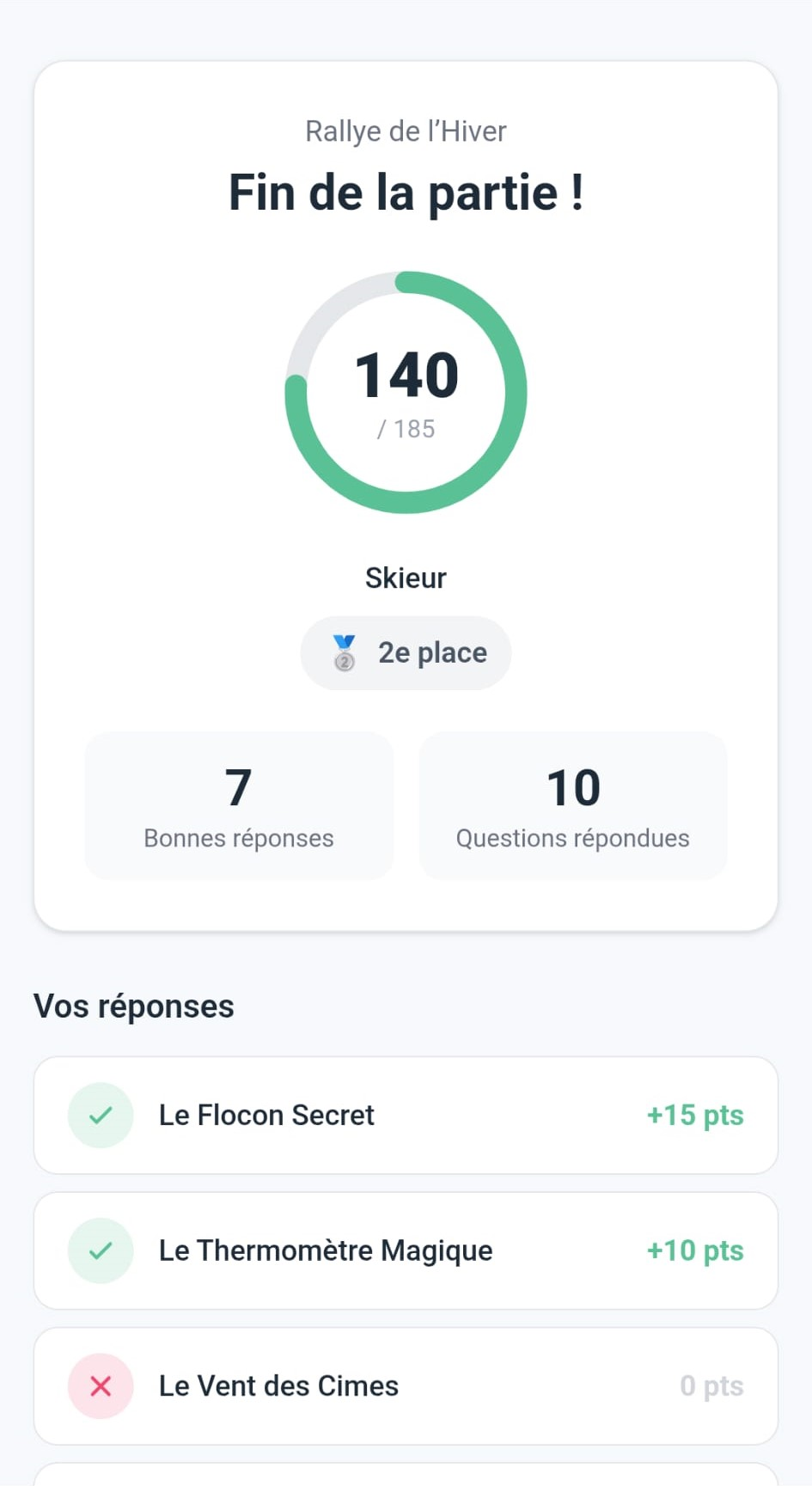Écran de résultat et score final côté joueur